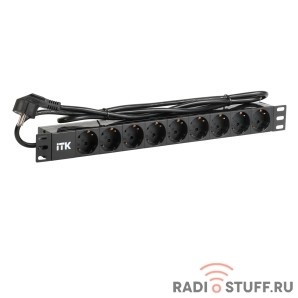 Блок розеток, 9 розеток, нем. ст, 1U, шнур 2м, вилка нем. ст, ал.проф, ITK
